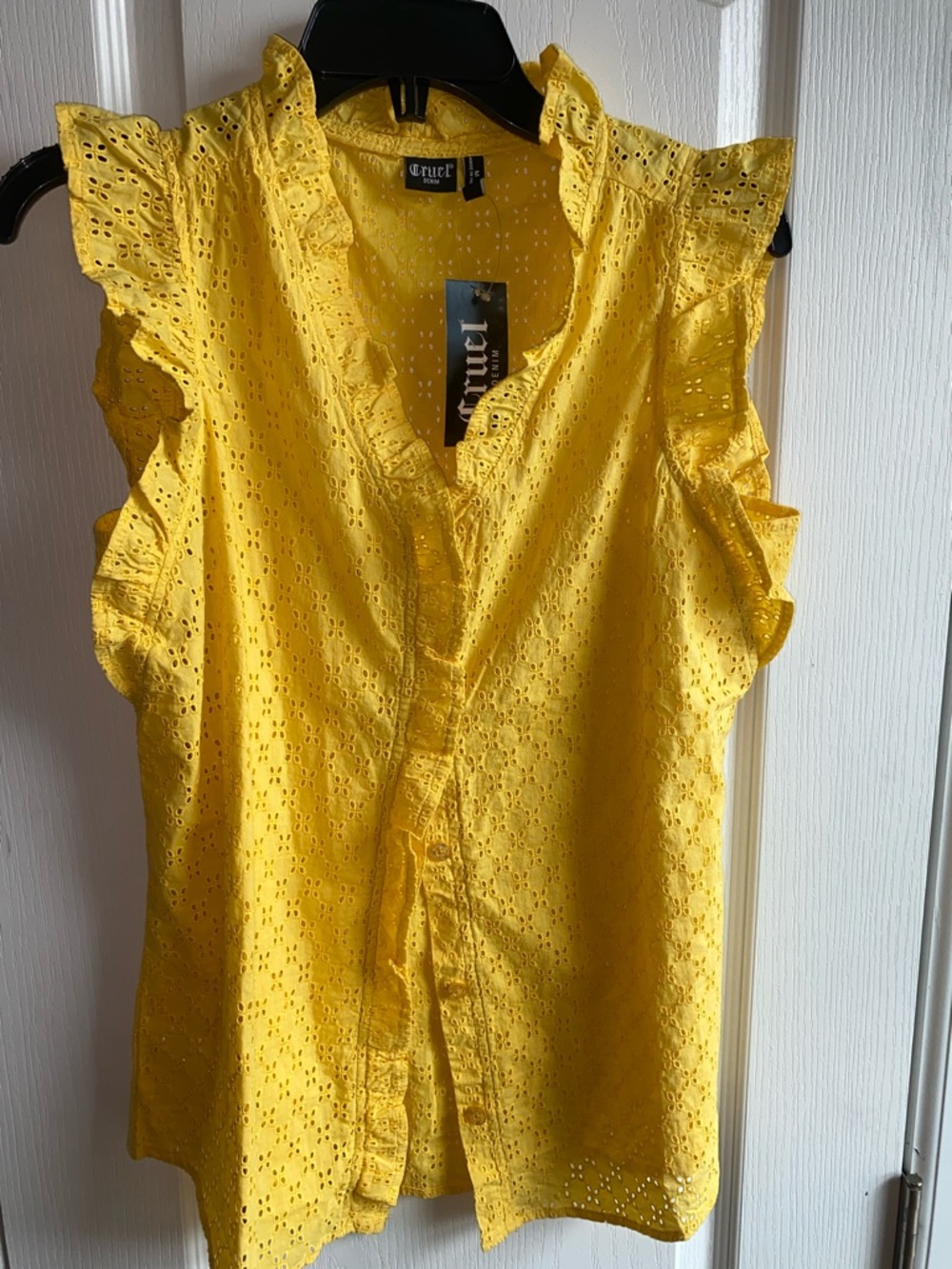 Yellow Eyelet Ruffle Shell Blouse